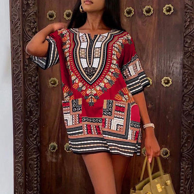 Print Round Neck Long Sleeve Mini Dress