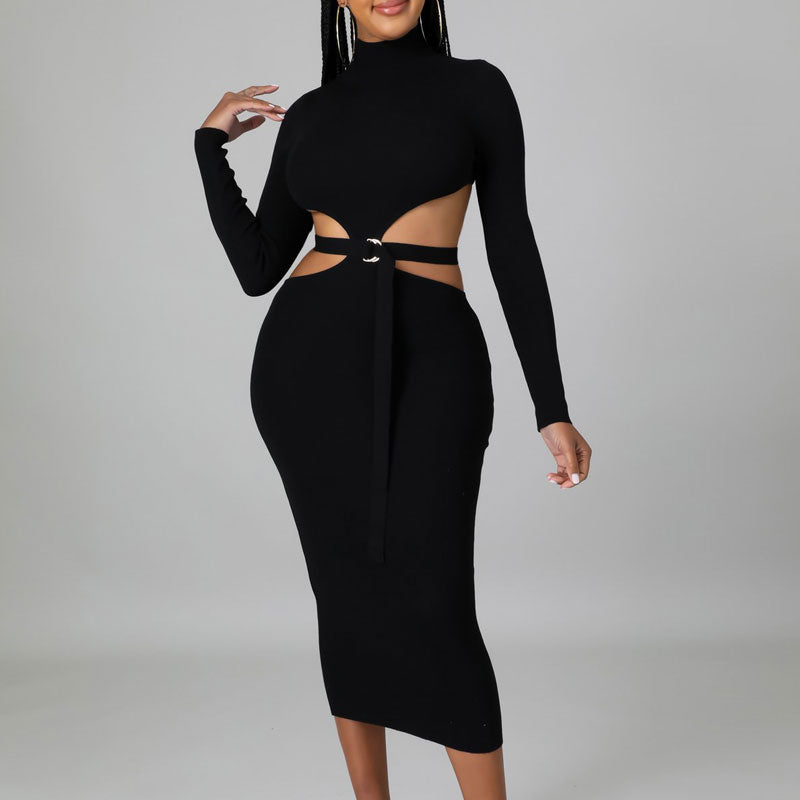 Solid Long Sleeve Cut Out Belted Dress