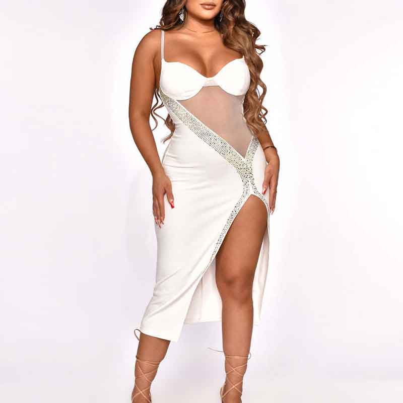 Rhinestone Sleeveless Sheer Mesh High Slit Midi Dress