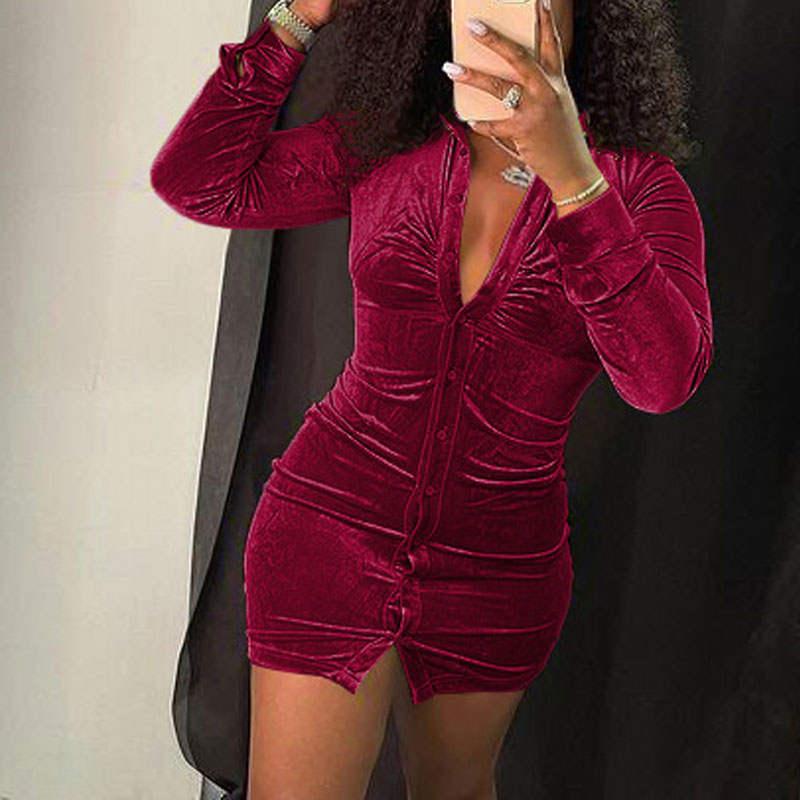 Solid Long Sleeve Button Detailed Velvet Dress