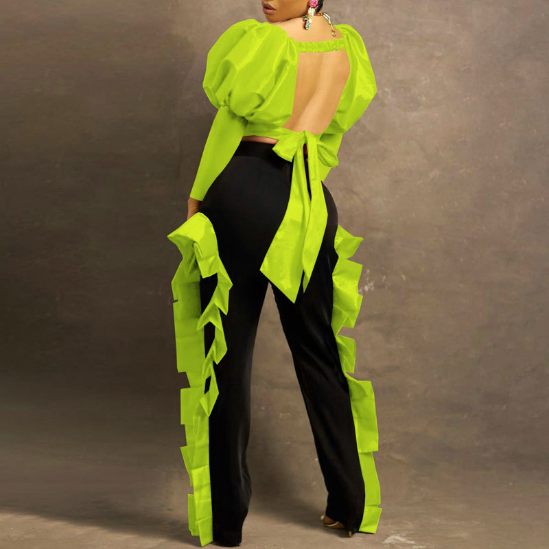 Colorblock Puff Sleeve Crop Top & Ruffles Pants Set