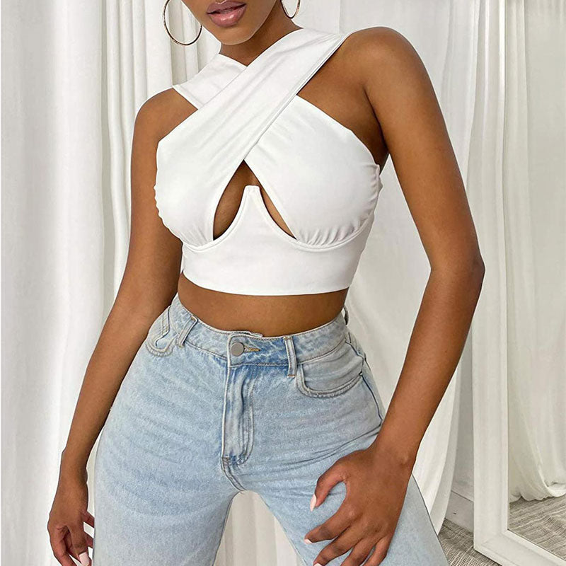 Solid Sleeveless Halter Cut Out Crop Top