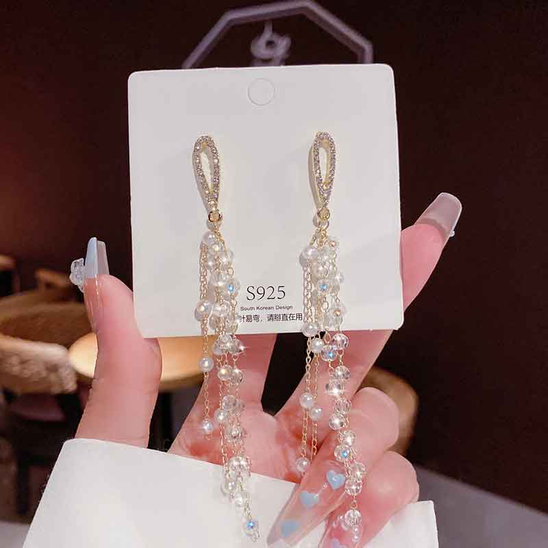 Rhinestone Beaded Tassel Design Earrings