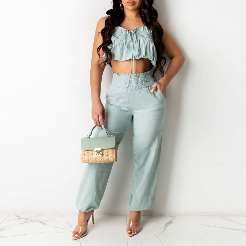 Solid Off Shoulder Tube Top & Loose Pants Set