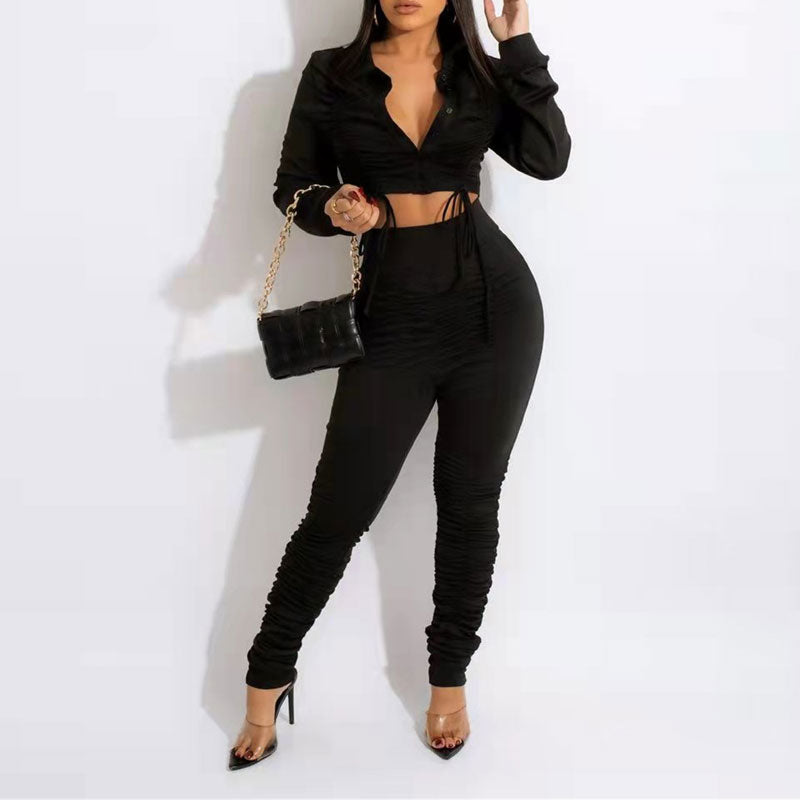 Solid Long Sleeve Drawstring Crop Top & Ruched Pants Set