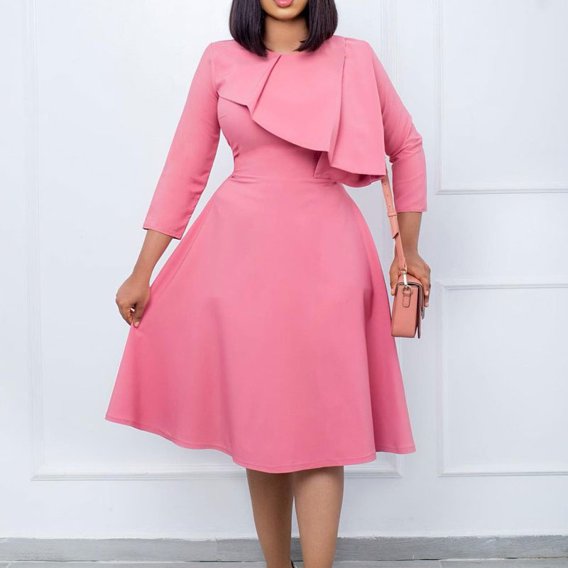 Solid Long Sleeve Ruffle Design Big Swing Midi Dress