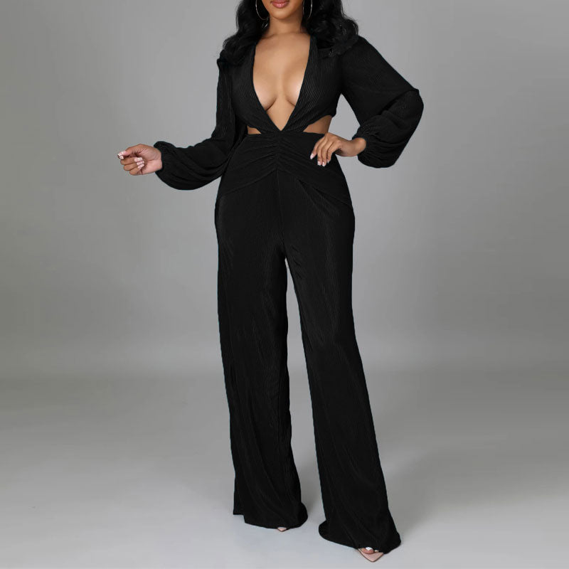 Solid Deep V-Neck Long Sleeve Cut Out Jumpsuit