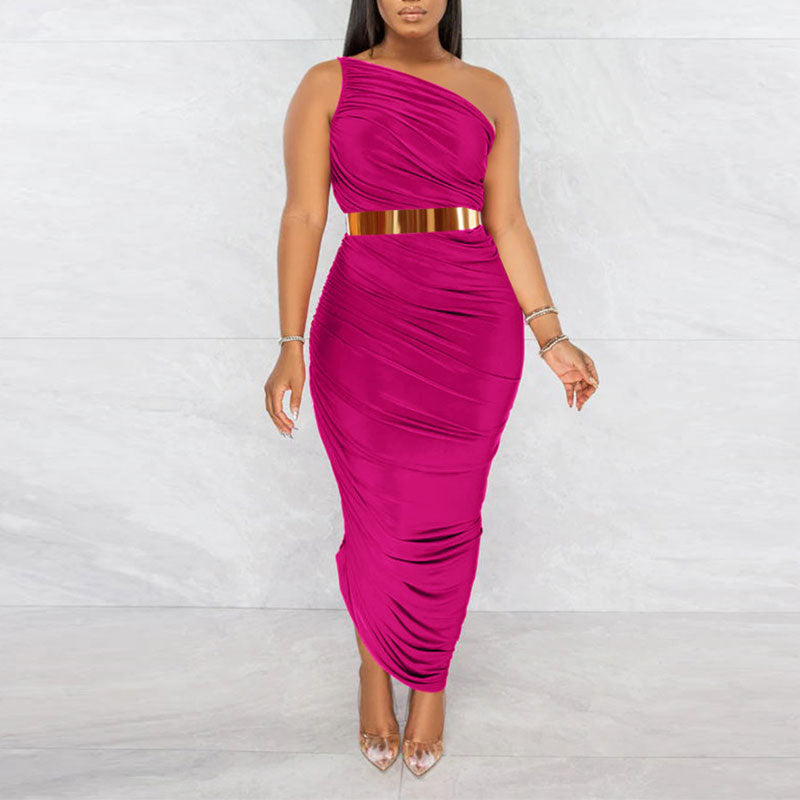 Solid Oblique Shoulder Sleeveless Ruched Midi Dress