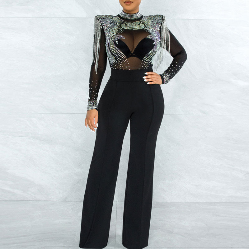 Rhinestone Tassel Design Long Sleeve Sheer Mesh Jumpsuit