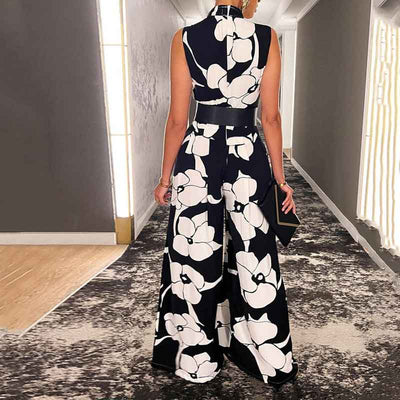 Floral Print Sleeveless Wide Leg Jumpsuit Without Belt