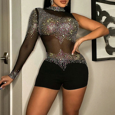 Rhinestone One Sleeve Mesh Patchwork Romper