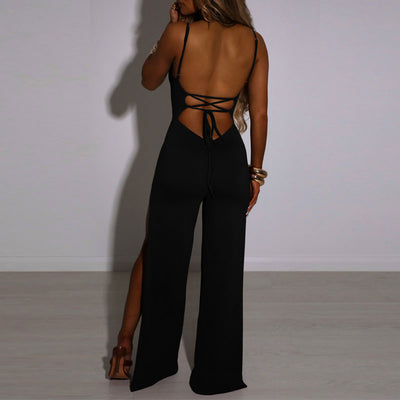 Solid Sleeveless Spaghetti Strap High Slit Jumpsuit