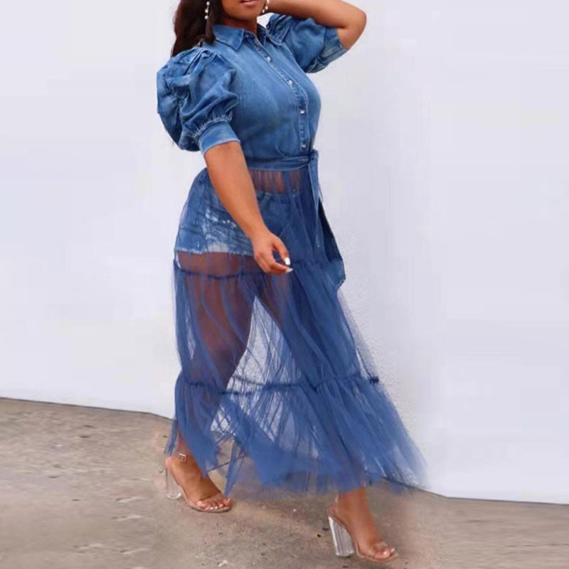 Denim Puff Sleeve Button Detailed Sheer Mesh Patchwork Plus Size Dress