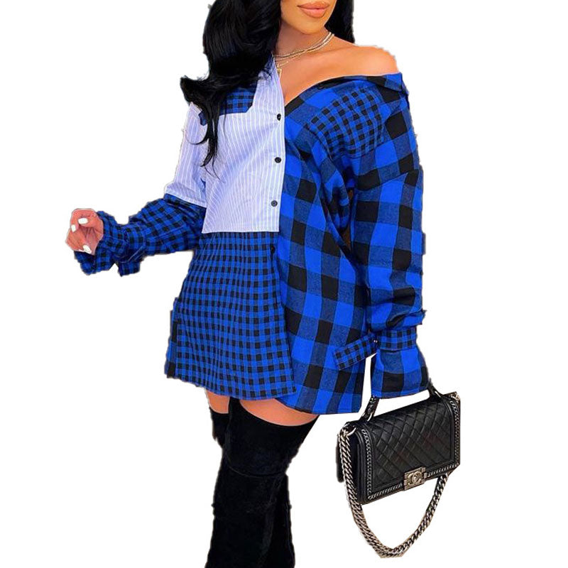 Colorblock Plaid Pattern Long Sleeve Shirt Dress