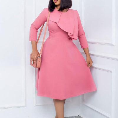 Solid Long Sleeve Ruffle Design Big Swing Midi Dress