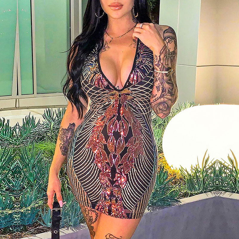 Sequins Sleeveless Deep V-Neck See Through Bodycon Dress