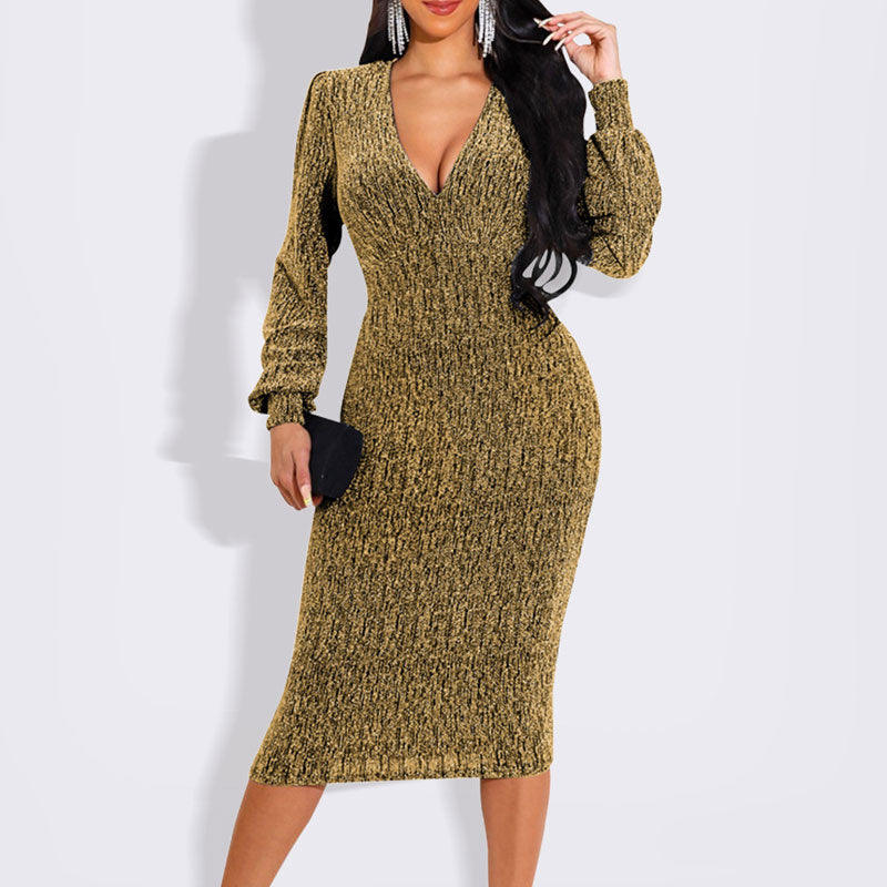 Glitter V-Neck Long Sleeve Midi Dress