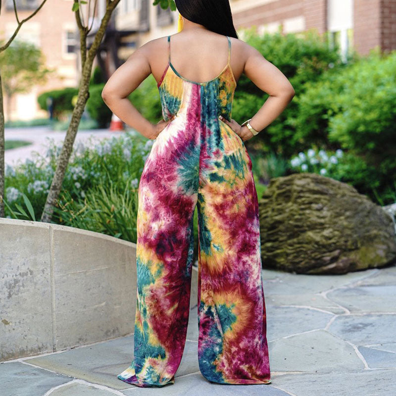 Tie Dye Print Sleeveless Wide Leg Jumpsuit