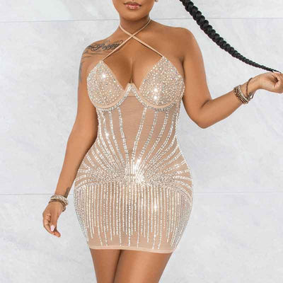 Rhinestone Halter Sleeveless Bodycon Dress