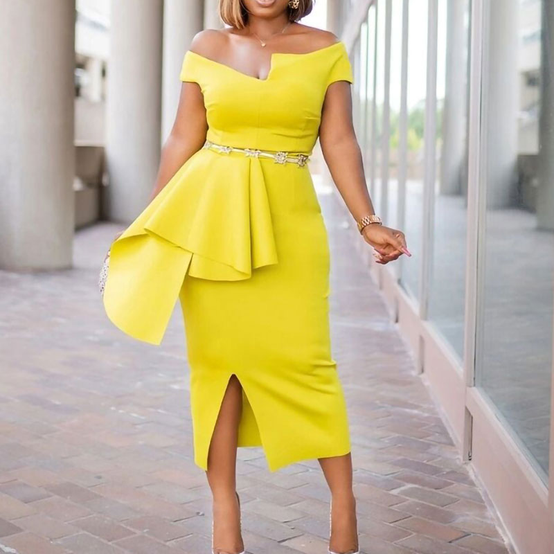 Solid Off Shoulder Sleeveless Ruffle Design Slit Dress