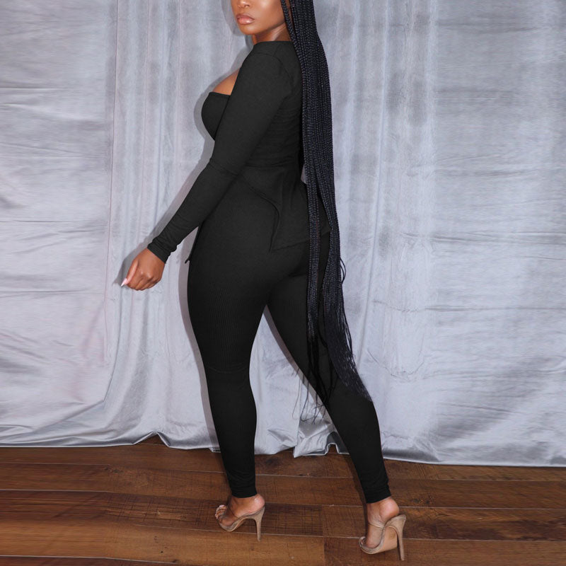 Solid Square Neck Long Sleeve Slit Ribbed Top & Pants Set