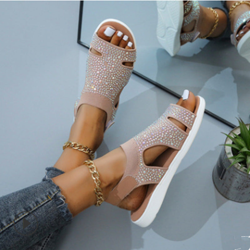 Rhinestone Open Toe Cut Out Elastic Sandals