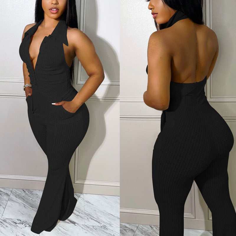 Solid V-Neck Halter Backless Knitted Jumpsuit