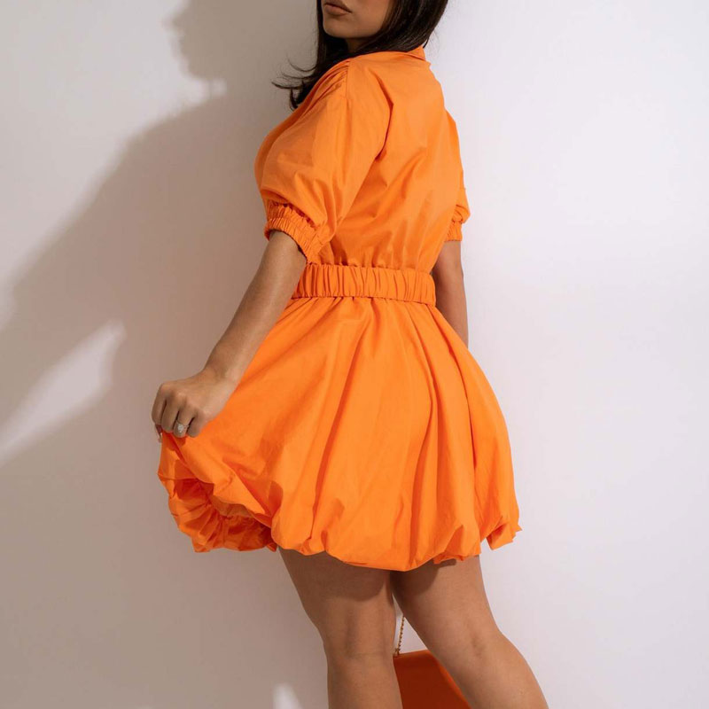 Solid Short Sleeve Button Detailed Bubble Puff Mini Dress