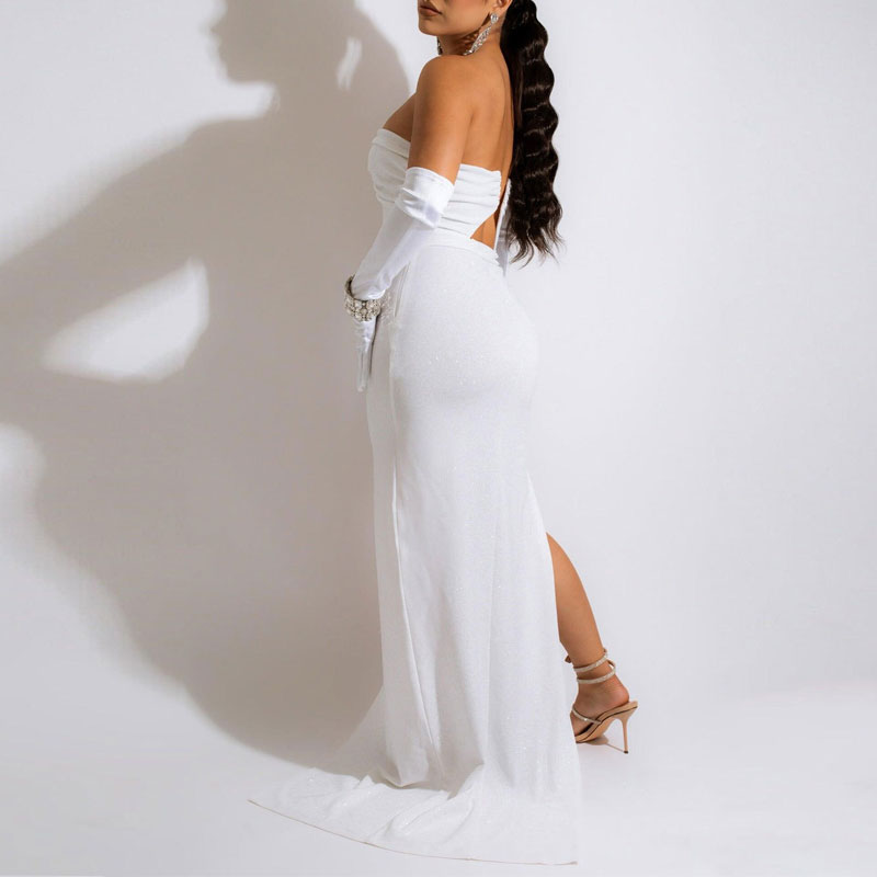 Solid Off Shoulder High Slit Maxi Dress