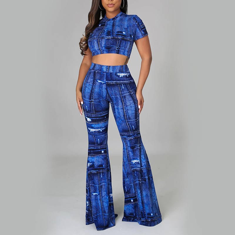 Print Short Sleeve Crop Top & Pants Set