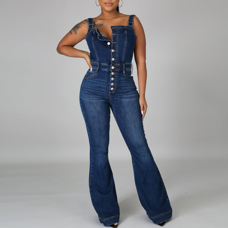 Denim Button Sleeveless Sling Flared Jumpsuit