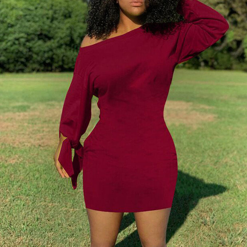 Solid One Shoulder Tied Long Sleeve Bodycon Dress