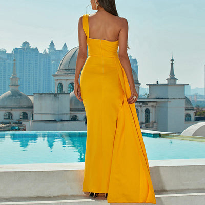 Solid One Shoulder Sleeveless High Slit Evening Dress