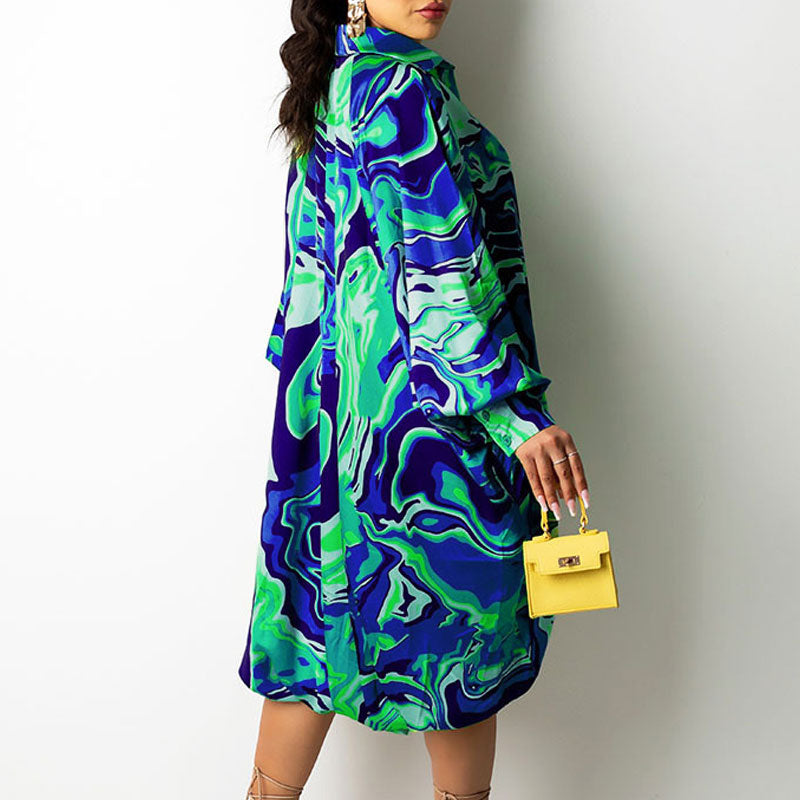 Print Long Sleeve Drawstring Casual Dress