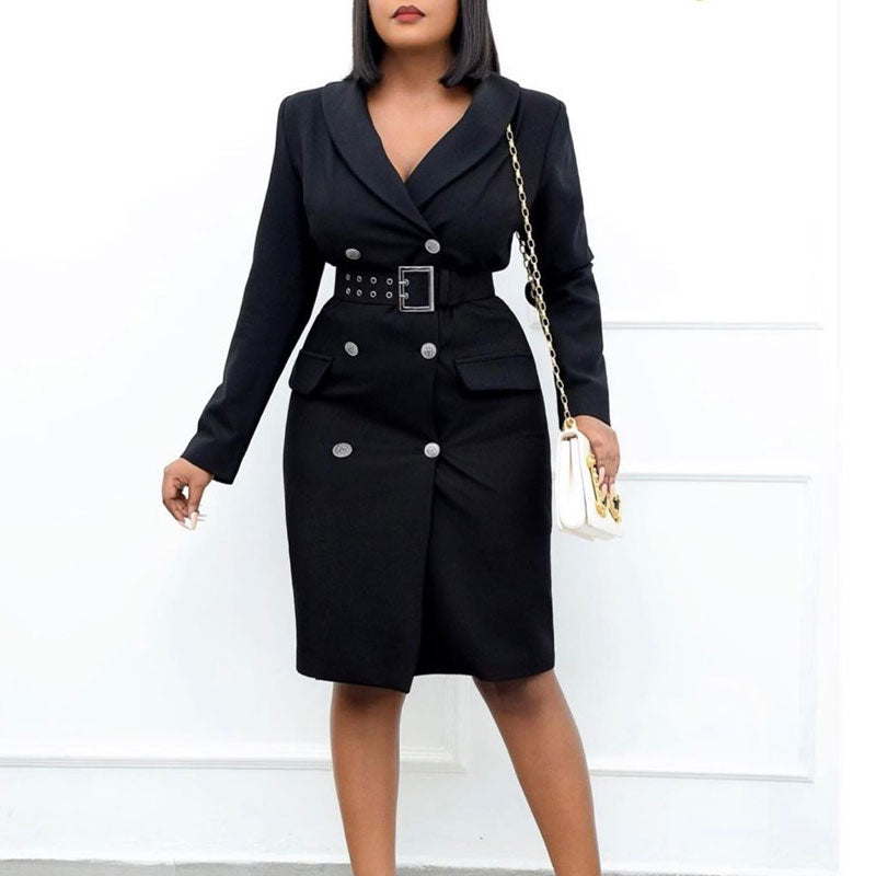 Solid V-Neck Long Sleeve Belted Blazer Dress