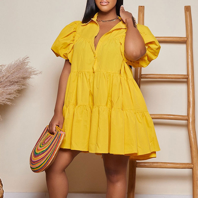 Solid Puff Sleeve Loose Shirt Dress