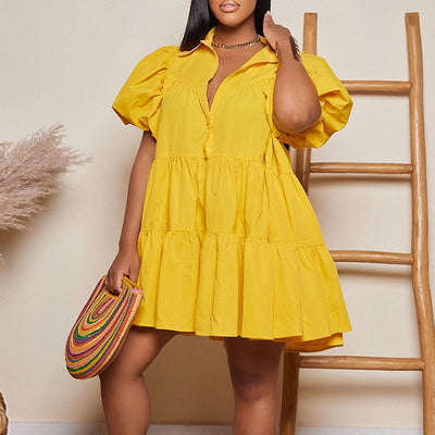 Solid Puff Sleeve Loose Shirt Dress