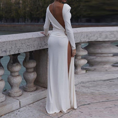 Solid Long Sleeve Backless High Slit O-Ring Floor Length Dress