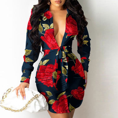 Floral Print Long Sleeve Knot Tie Shirt Dress