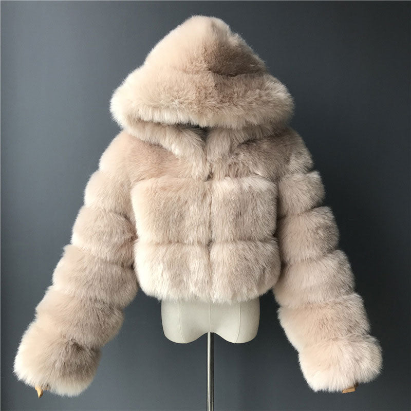 Solid Long Sleeve Hoodie Faux Fur Coat