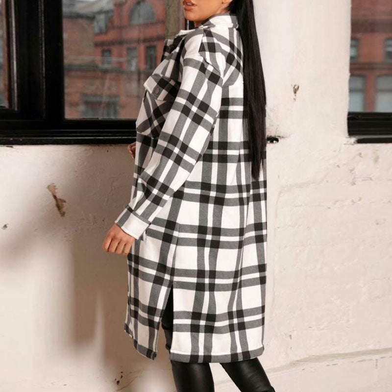 Plaid Pattern Long Sleeve Button Detailed Coat