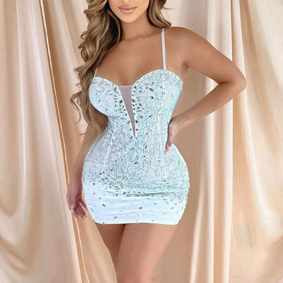 Rhinestone Mesh Patchwork Spaghetti Strap Bodycon Dress