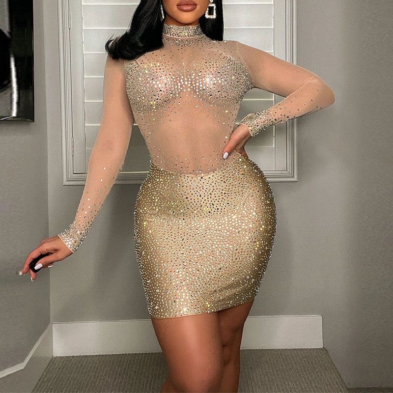 Rhinestone Long Sleeve Sheer Mesh Patchwork Bodycon Dress