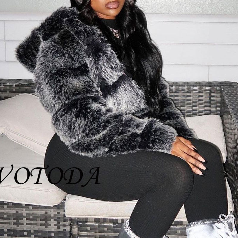 Solid Long Sleeve Hoodie Faux Fur Coat