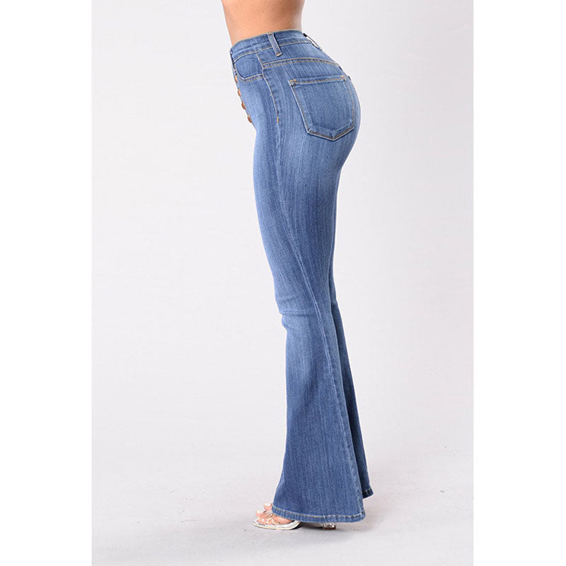 Solid High Waist Button Detailed Bell Bottomed Denim Pants