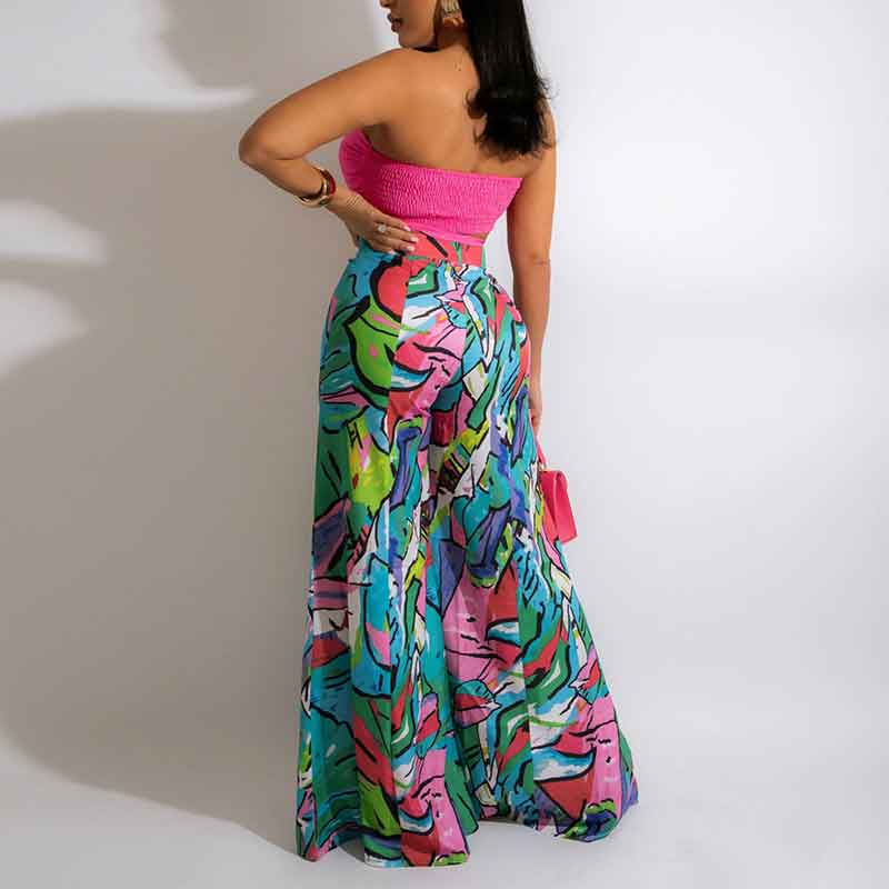 Print Bandage Tube Top & Wide Leg Pants Set