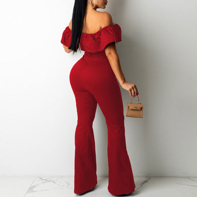 Solid Off Shoulder Button Detailed Ruffles Jumpsuit