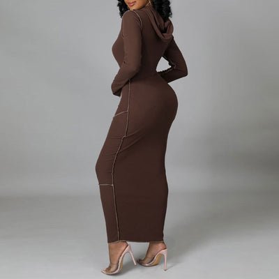 Solid Long Sleeve Hoodie Maxi Dress