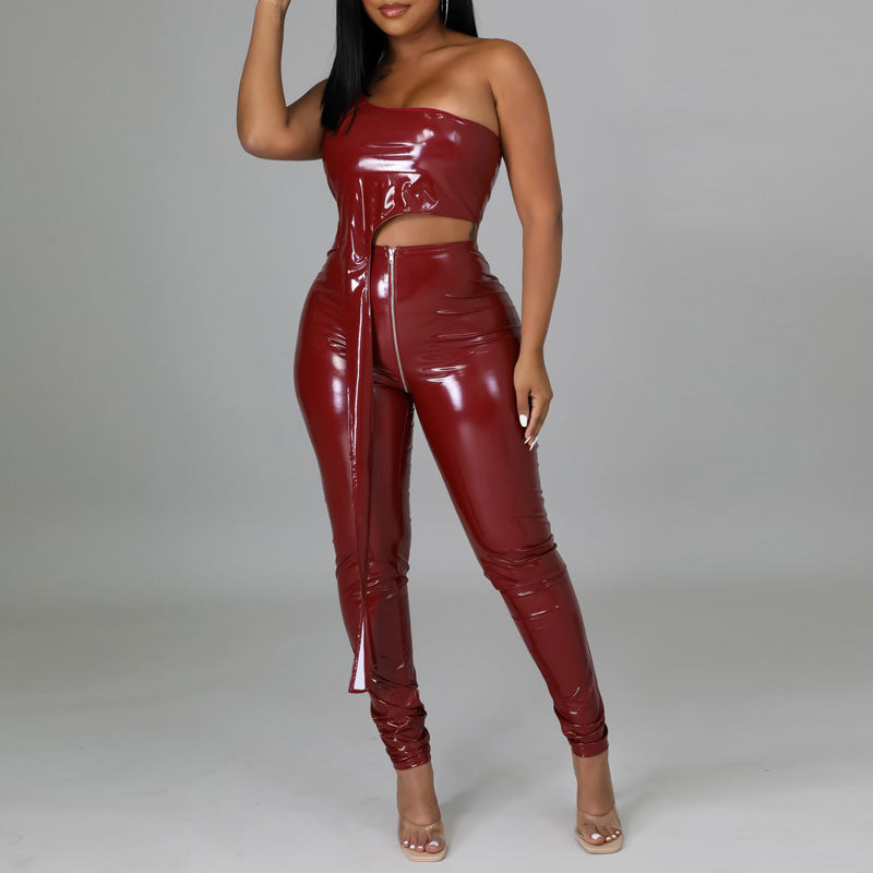 Solid One Shoulder PU Leather Tube Top & Zipper Design Pants Set