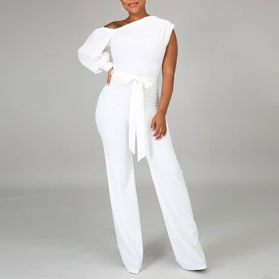 Solid One Shoulder Belted Wide Leg Jumpsuit